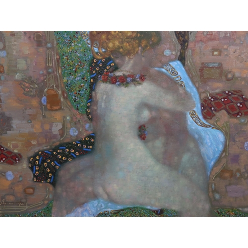 977 - *WITHDRAWN*RUSSIAN SCHOOL FEMALE NUDE IN INTERIOR Oil on canvas, signed lower left, 89 x 119cmInscri... 