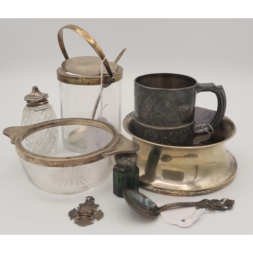 383 - A collection of silver including a silver and glass preserve pot and spoon, Birmingham, the spoon by... 