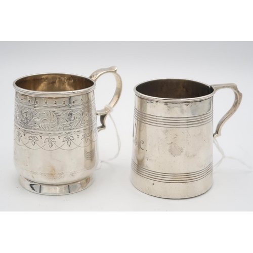 384 - An Edwardian silver christening mug, with engraved bands of scrolling foliate and ribbon decoration,... 