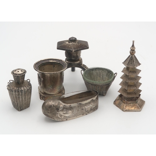 386 - A Chinese silver salt modelled as a pagoda, another modelled as a basket decorated with a crab, anot... 