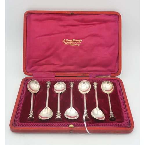 390 - A set of six cased silver seal top spoons, with pear shaped bowls, by Thomas Bradbury & Sons, Sh... 