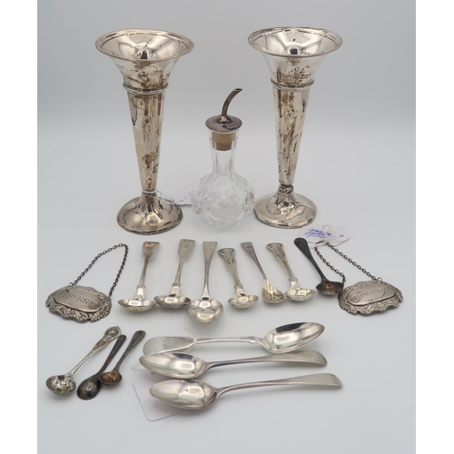 392 - A pair of silver specimen vases, of trumpet form (weighted bases), London 1918, a silver topped face... 