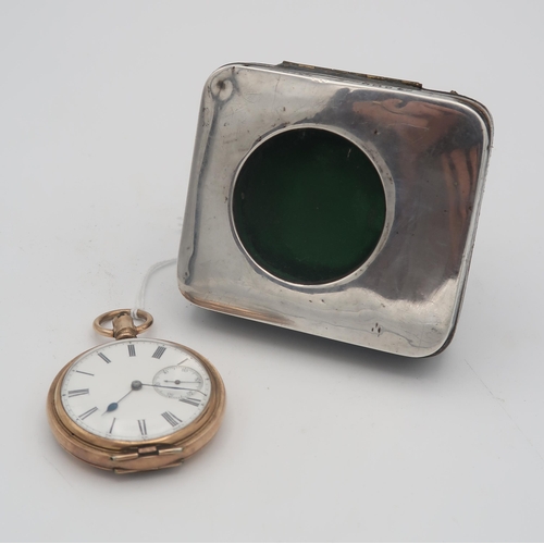 396 - A gold plated omega pocket watch in a silver and leather travelling case, Birmingham 1922