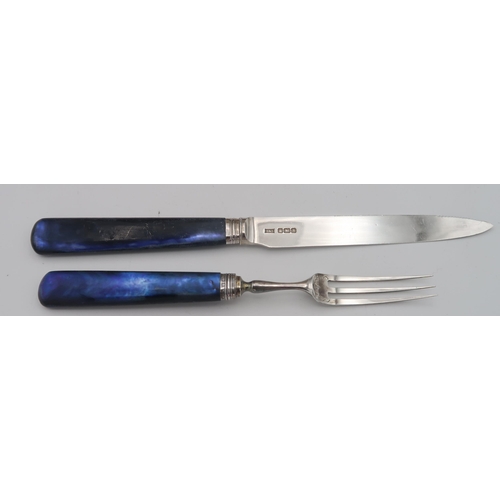 403 - A cased canteen of dyed mother of pearl and silver bladed fruit knives and forks, by Brook & Son... 