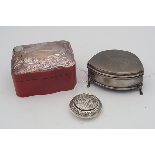 411 - A silver topped leather jewellery box, the lid decorated with a mermaid surrounding a naturalistic c... 