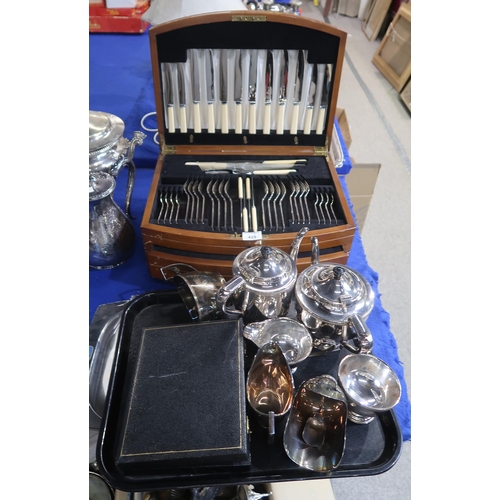 429 - A cased mahogany two drawer canteen of stainless steel cutlery, a cased set of stainless steel fish ... 