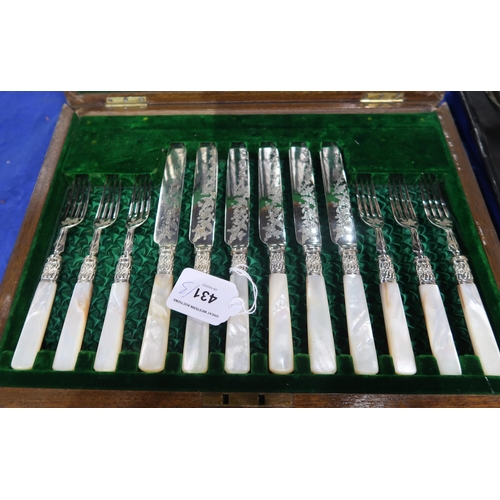 431 - cased set of mother of pearl and EPNS handles fish knives and forks, with engraved floral decoration... 