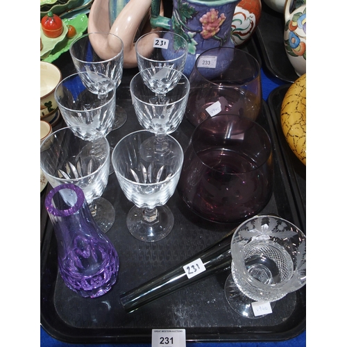 231 - A Edinburgh crystal thistle shaped and cut drinking glass, six Caithness drinking glasses with Scott... 