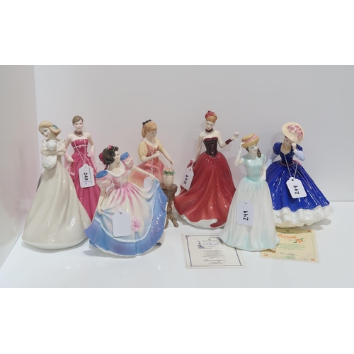 249 - Seven Royal Doulton figures Happy Birthday 2001 & 2005, Sarah, Mary, Angela, Dreaming, and Congr... 