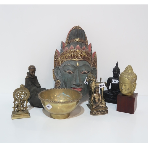 265 - Three assorted tribal wall masks, brass buddha, and other items