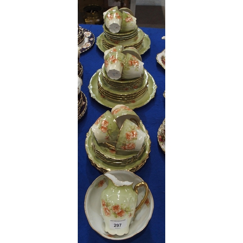 297 - A continental tea set, the green ground with coral coloured flowers