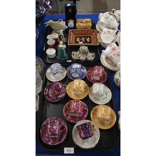 313 - A set of lustre decorated coffee cups and saucers, a Halcyon Days enamel box, a Wedgwood dish, a Roy... 