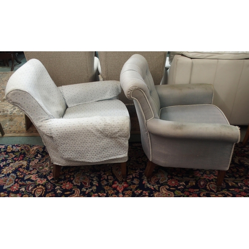 113 - A pair of Victorian armchairs both with square tapering supports terminating in ceramic casters, one... 