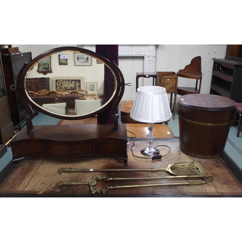 118 - A large Victorian mahogany three drawer toilet mirror, mahogany coal bucket with brass band and two ... 