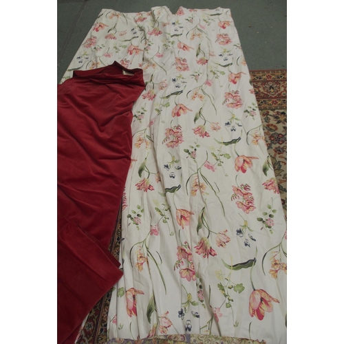 129 - A pair of large red velvet curtains, 275cm drop, A pair of floral patterned curtains, 255cm drop and... 