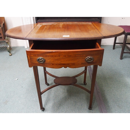 15 - A late Victorian mahogany and satinwood inlaid single drawer drop end occasional table on cross stre... 