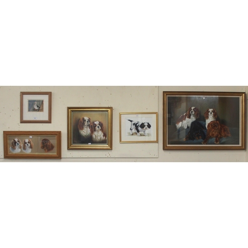 87 - A lot of four assorted framed pictures of dogs and a framed E.W. Mavor pastel of a duck (5)