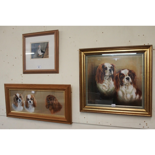 87 - A lot of four assorted framed pictures of dogs and a framed E.W. Mavor pastel of a duck (5)