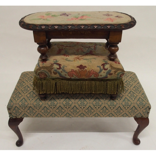 92 - A 20th century upholstered footstool on cabriole supports, tapestry upholstered stool with turned oa... 