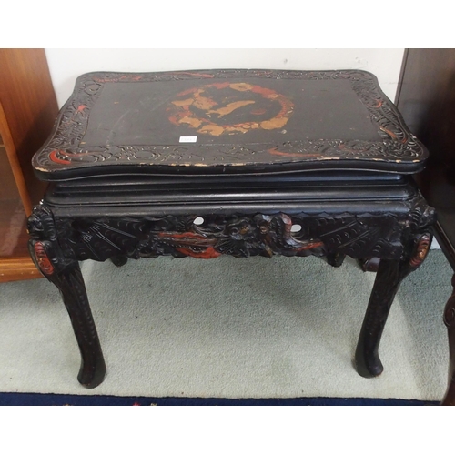 94 - A late 19th century Oriental ebonised table with carved friezes on shaped supports and an ebonised f... 