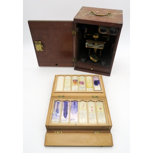 549 - A mahogany-cased microscope, and cased slides, with tissue samples apparently taken from the body of... 