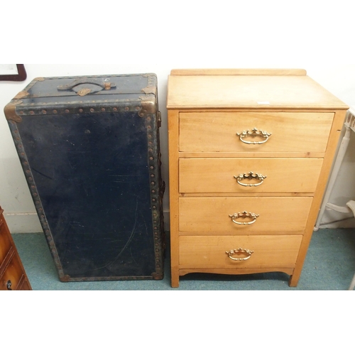 100 - A 20th century pine four drawer chest and a metal bound steamer trunk (2)