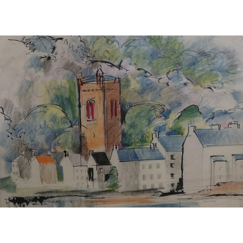 1053 - WILLIAM CROSBIE RSA RGI (1915-1999)HOUSES AND CHURCH VIEW Ink/pencil on paper, signed lower rig... 