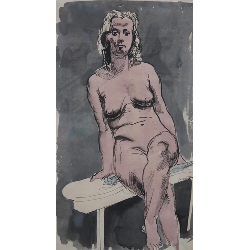 1059 - WILLIAM CROSBIE RSA RGI (1915-1999)SEATED FEMALE NUDE (PINK) Ink and wash, signed lower right, ... 