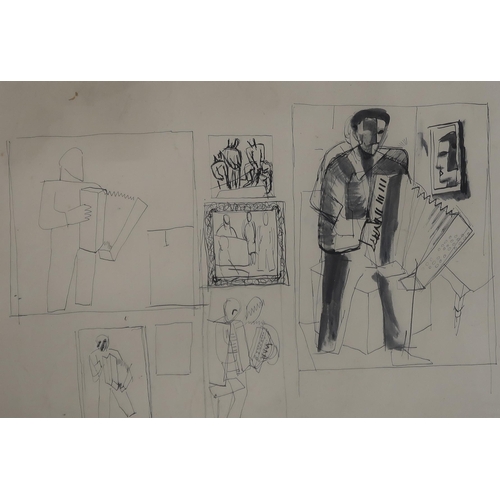 1070 - WILLIAM CROSBIE RSA RGI (1915-1999)MALE ACCORDIAN PLAYER Ink on paper, 24 x 35cm ... 