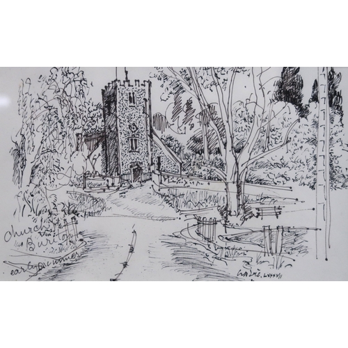 1072 - WILLIAM CROSBIE RSA RGI (1915-1999)CHURCH, BURITON, EARLY SUMMER, 1987 Pen and ink, signed lowe... 