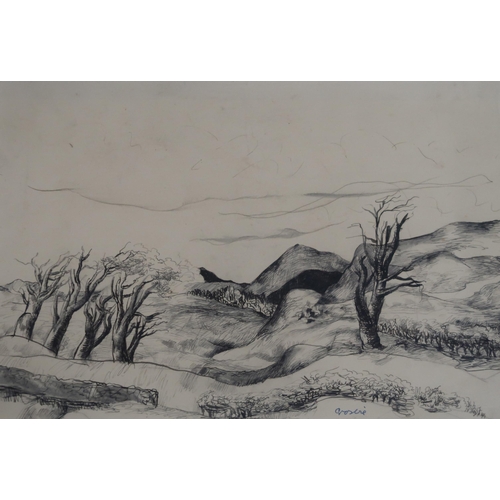 1078 - WILLIAM CROSBIE RSA RGI (1915-1999)THE SADDLE Pen and ink, signed lower right, 22 x 32cm &... 