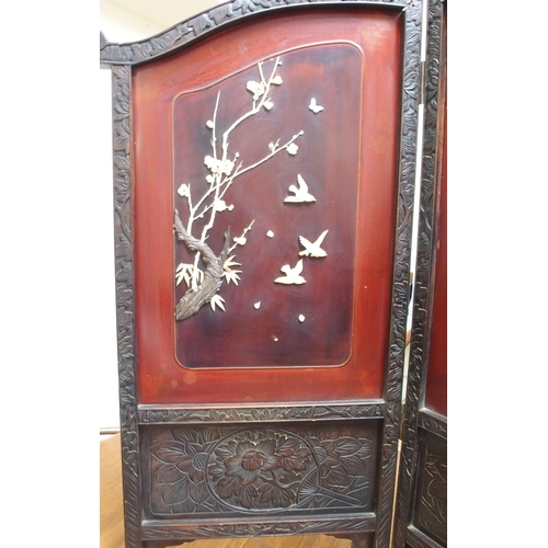 156 - A 19th century Chinese hardwood and lacquerware screen with bone inlays