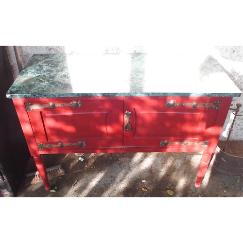 170 - An early 20th century red painted arts and crafts marble topped washstand with pair of cabinet doors... 