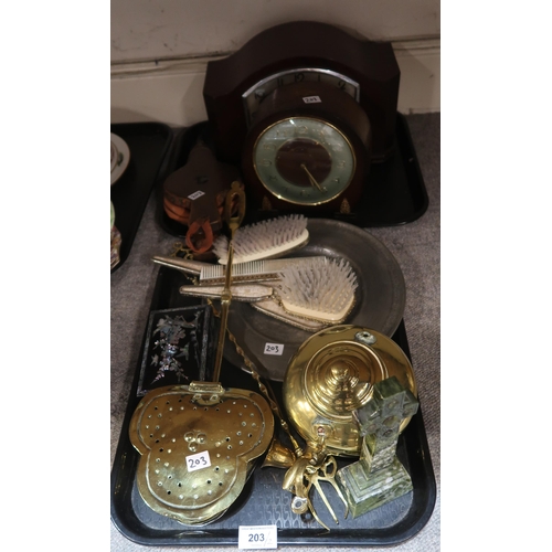 203 - Iona green marble cross, brass bedwarmer, two mantle clocks and other items