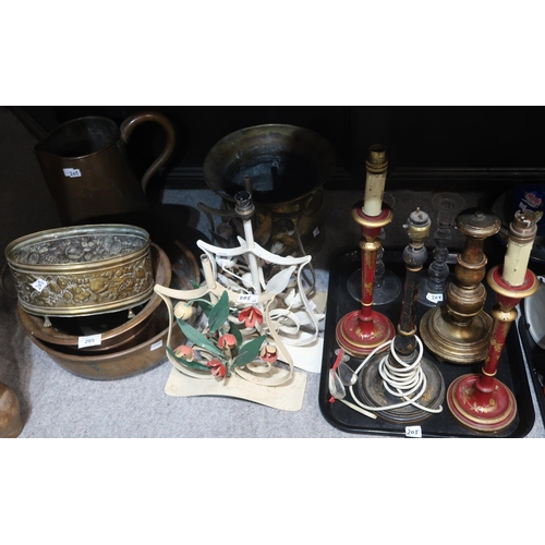 205 - Assorted brass and copper including jug, planters, wrought metal lamps and assorted others