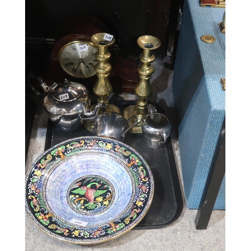 208 - A Newhall Boumier ware dish, an EPNS three piece teaset, pair of brass candlesticks, picnic set and ... 