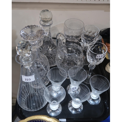 223 - A pair of Waterford wine glasses, a Stuart decanter and jug and other glassware