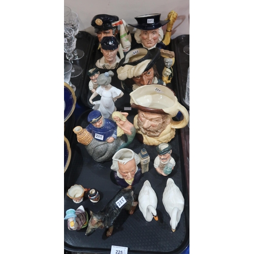 225 - A collection of Royal Doulton character jugs, an Old Salt teapot, a Nao girl and other items