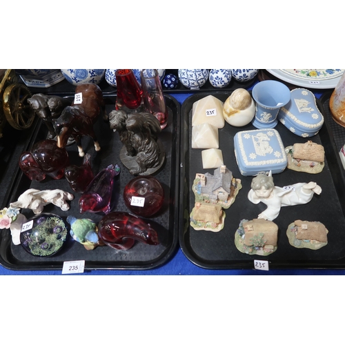 235 - Assorted art glass animal paperweights, bronzed resin figures of children and dogs, Wedgwood jasperw... 