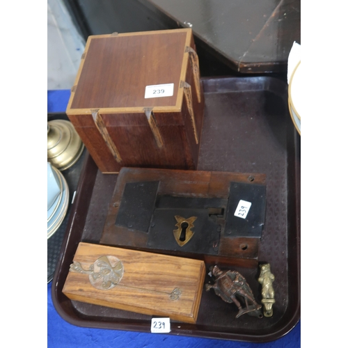 239 - An antique lock, two wooden boxes, door knockers