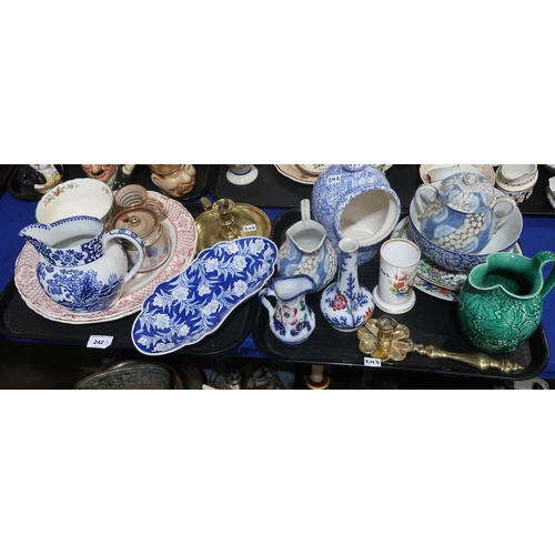 242 - A transfer printed salt pot, a Wedgwood leaf moulded jug and other items