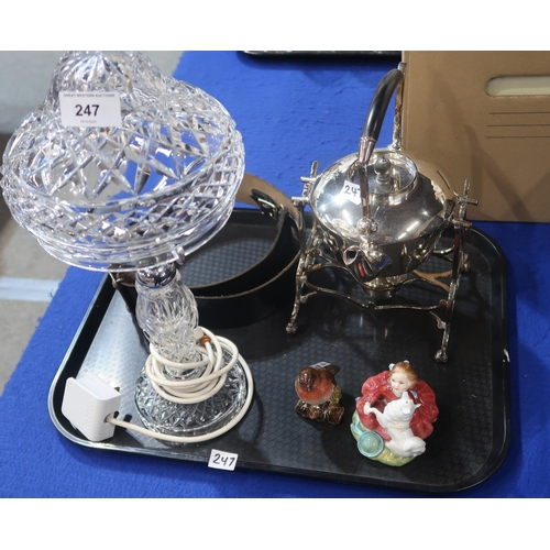 247 - A cut crystal lamp, a EPNS spirit kettle on stand, Doulton figure etc