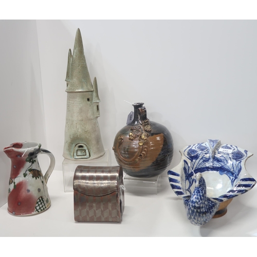 280 - A Lorraine Fernie peacock shaped bowl, a brown glazed bottle vase, a castle shaped nightlight and ot... 