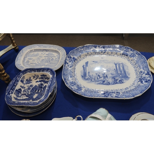 302 - A J & M P Bells Palestine pattern meat platter, together with other transfer printed Scottish po... 