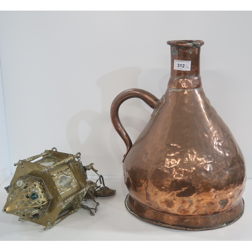 312 - A copper vessel and a brass Turkish style light