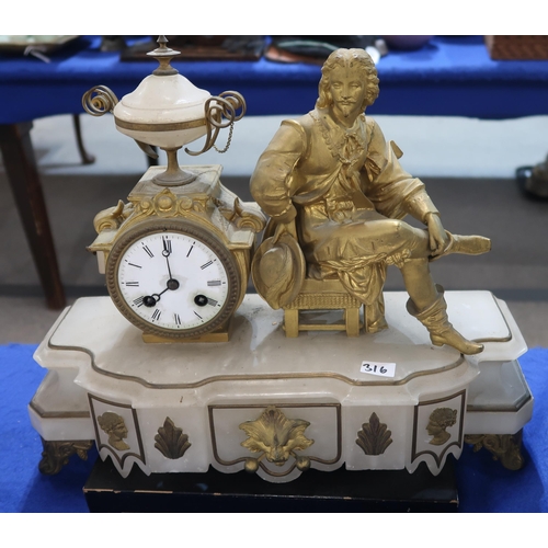 316 - A boulle mantle clock and a alabaster mantle clock with gilt cavalier to top