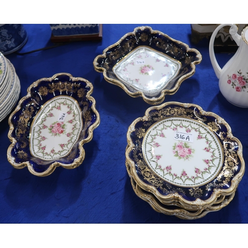 316a - A Crescent China dessert service, decorated with pink roses comprising eight plates, two square dish... 