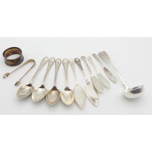 322 - A collection of silver flatware including four Victorian Hanoverian thread pattern tea spoons, by Da... 