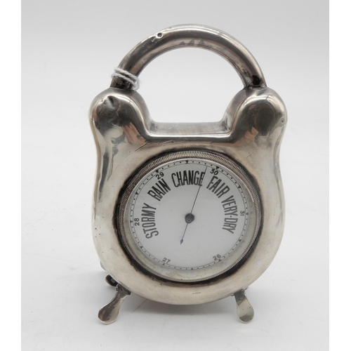 338 - An Edwardian novelty silver barometer, the case padlock shaped, on four flattened feet, Birmingham 1... 