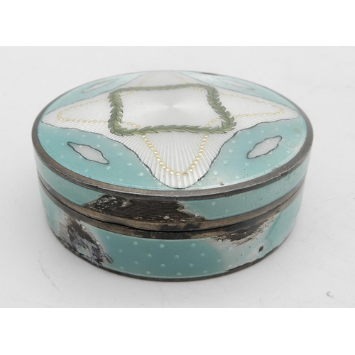 340 - A German silver and guilloche enamel box (af), decorated with laurel swags on a turquoise ground, wi... 